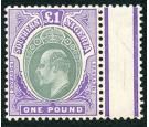 SG32ab. 1907 £1 Green and violet. Superb sheet marginal mint...