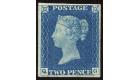 1840. 2d Bright Blue. Plate 1. Lettered Q-G. Remarkable mint...